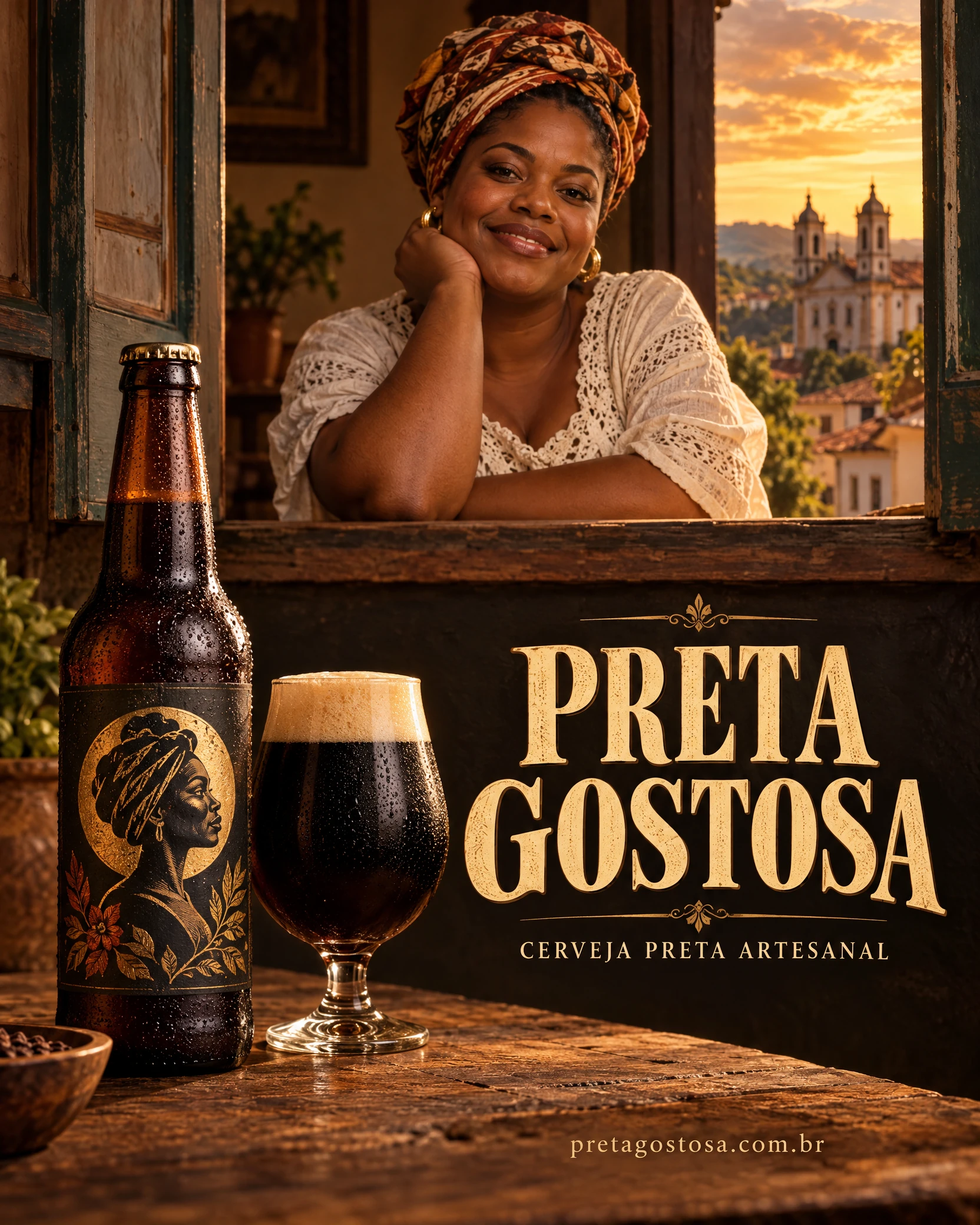 Arte promocional Preta Gostosa: mulher negra à janela, acompanhada por uma garrafa e uma taça de cerveja preta.