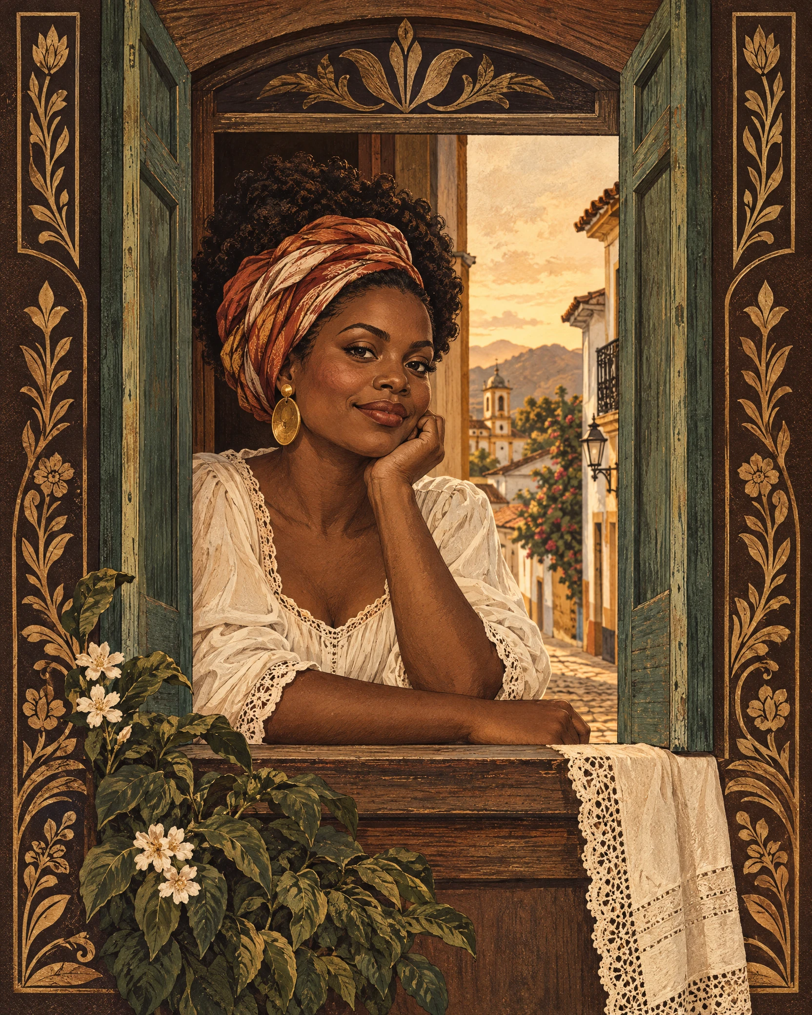 Ilustração da marca: mulher negra apoiada na janela de uma casa antiga, ao entardecer.