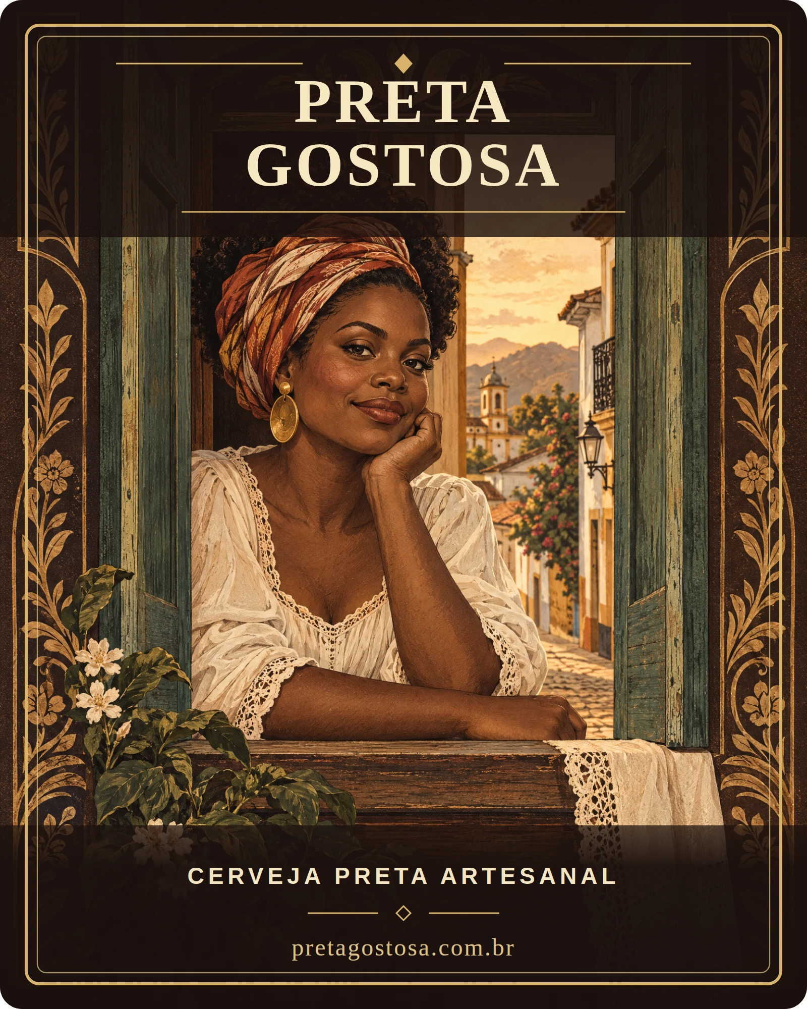 Rótulo conceitual da garrafa Preta Gostosa, com a personagem à janela e moldura dourada.